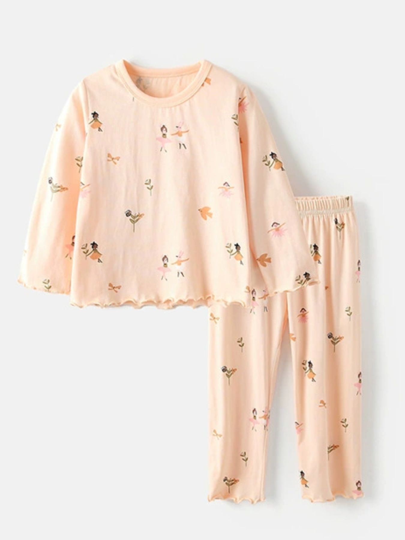 Children's Ballerina Print Round Neck Top and Pants Pajama Set