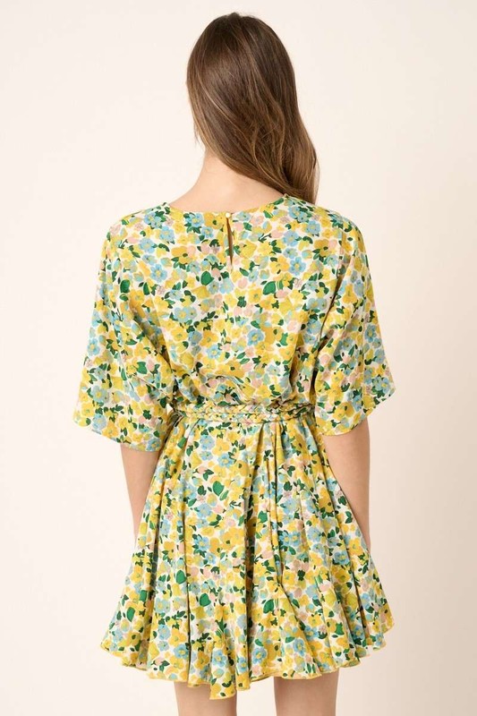 Floral Tie Waist Half Sleeve Mini Dress