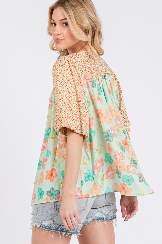 Button Down Bubble Sleeves Shirt