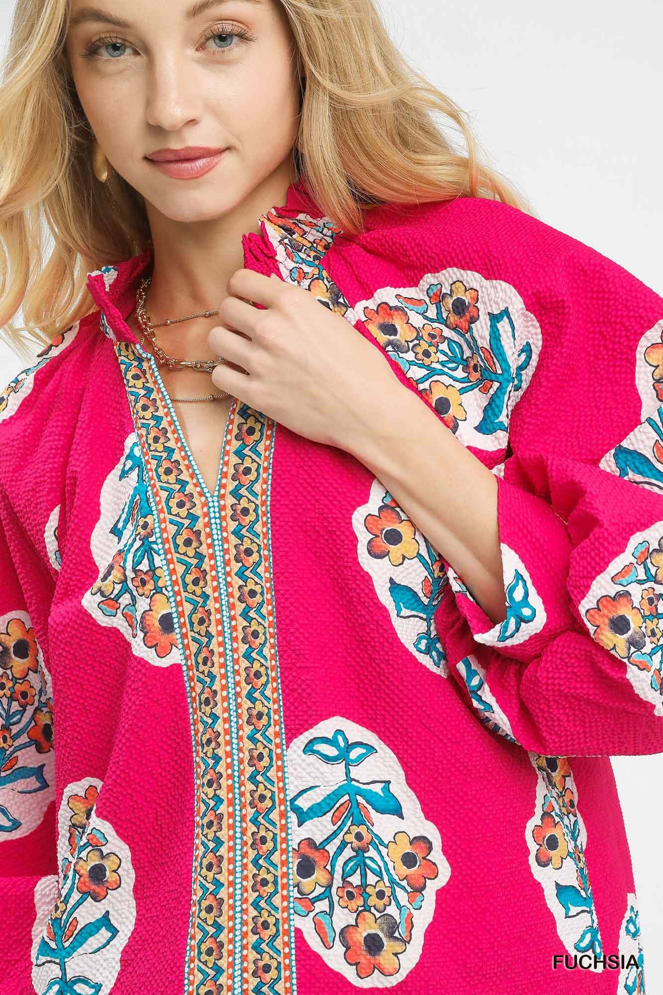 Umgee Boho Floral Print Tunic Blouse