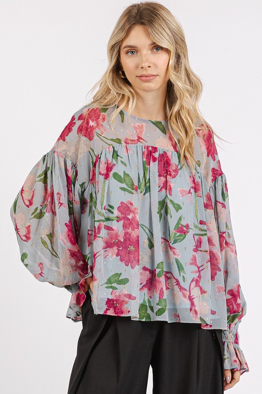 Floral Round Neck Flounce Sleeve Blouse