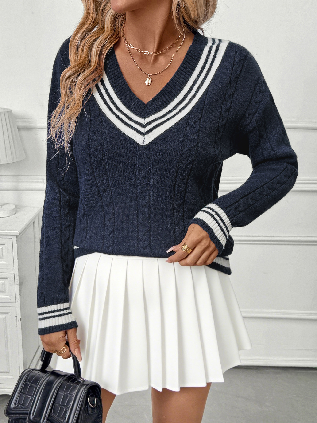 Contrast Striped V-Neck Sweater