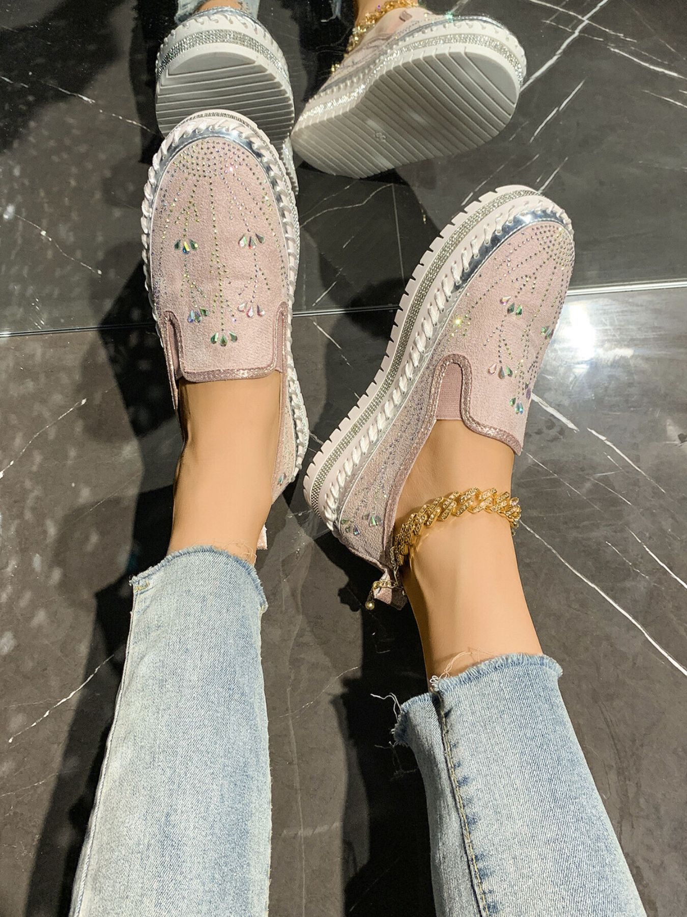 Rhinestone Embellished Platform Loafers