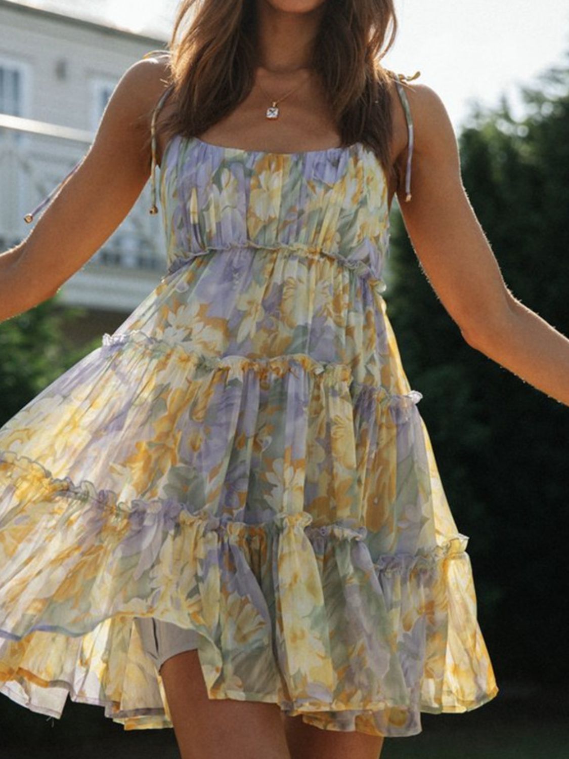 Frill Printed Square Neck Mini Cami Dress