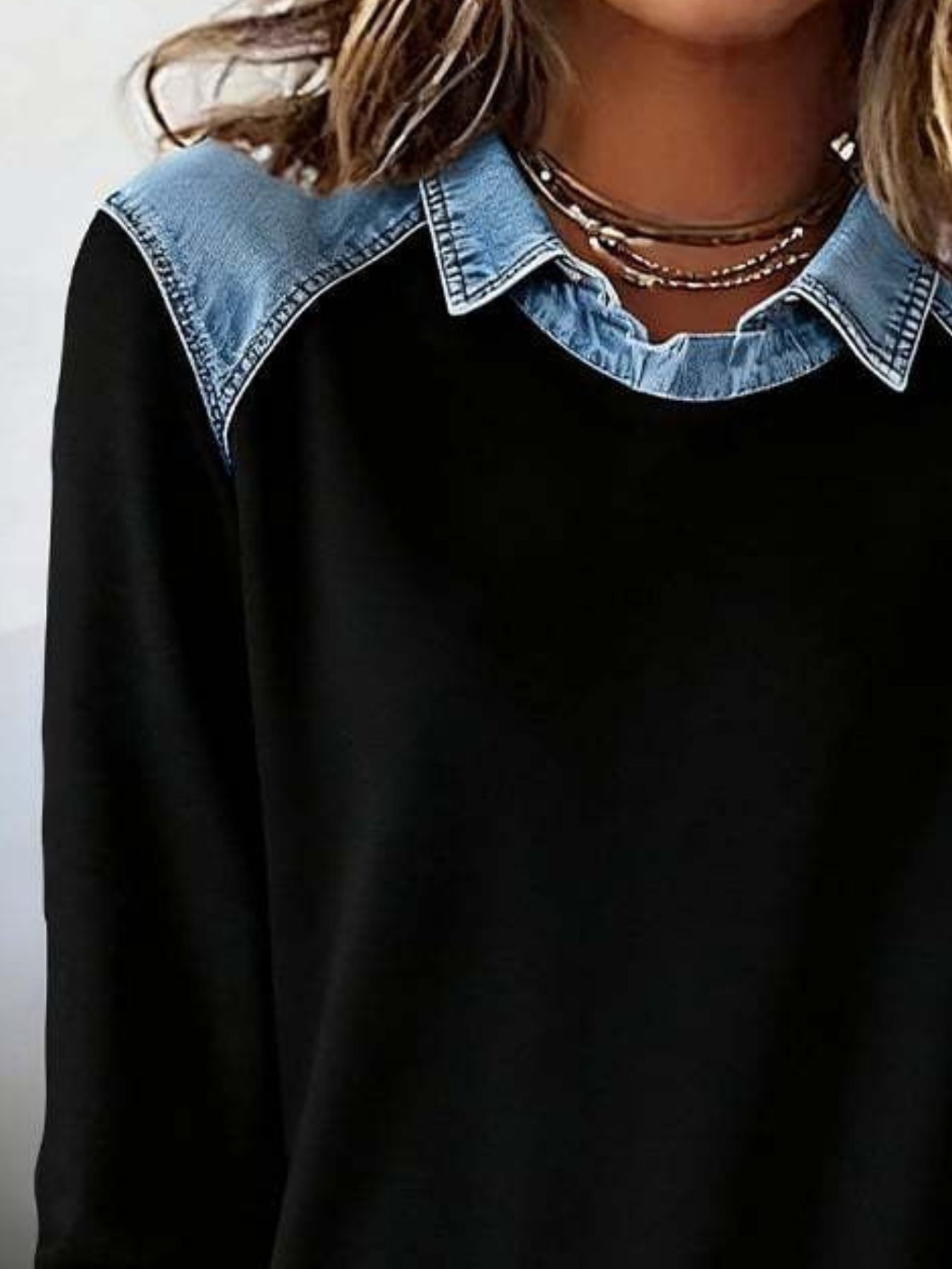 Full Size Denim Trim Long Sleeve Top Plus Size view 4
