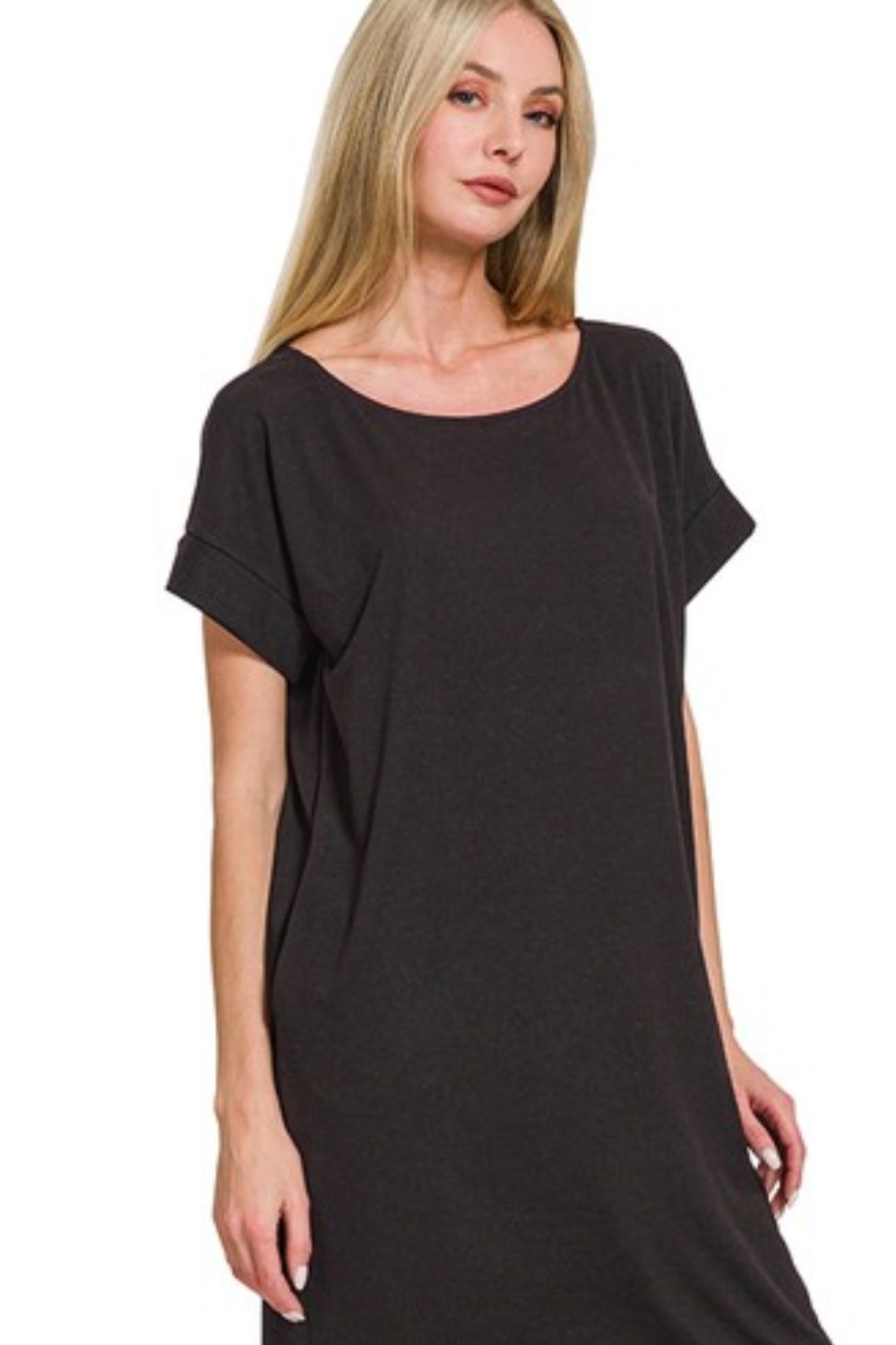 Rolled Short Sleeve Round Neck Dress