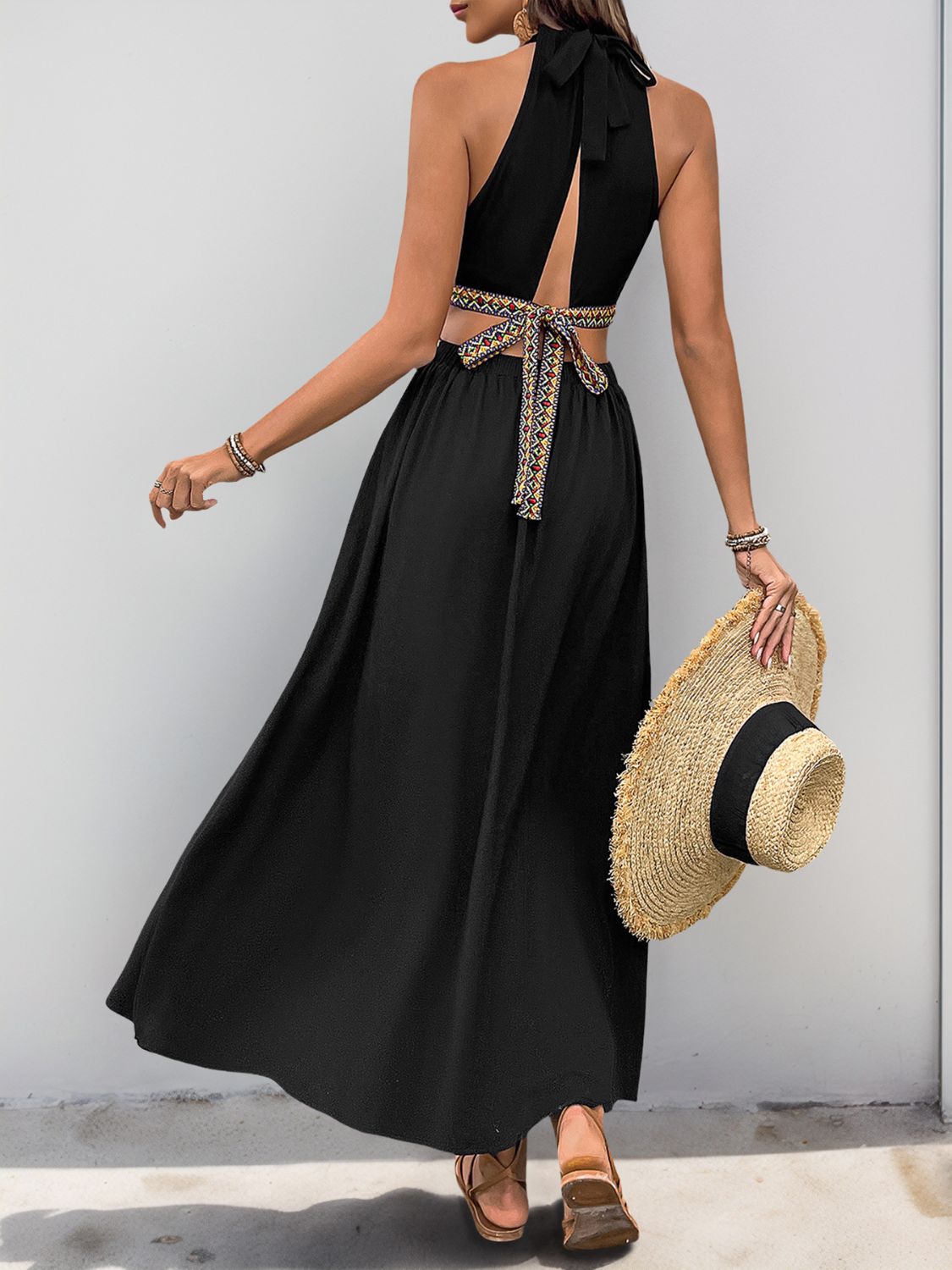 Cutout Grecian Neck Tied Back Dress