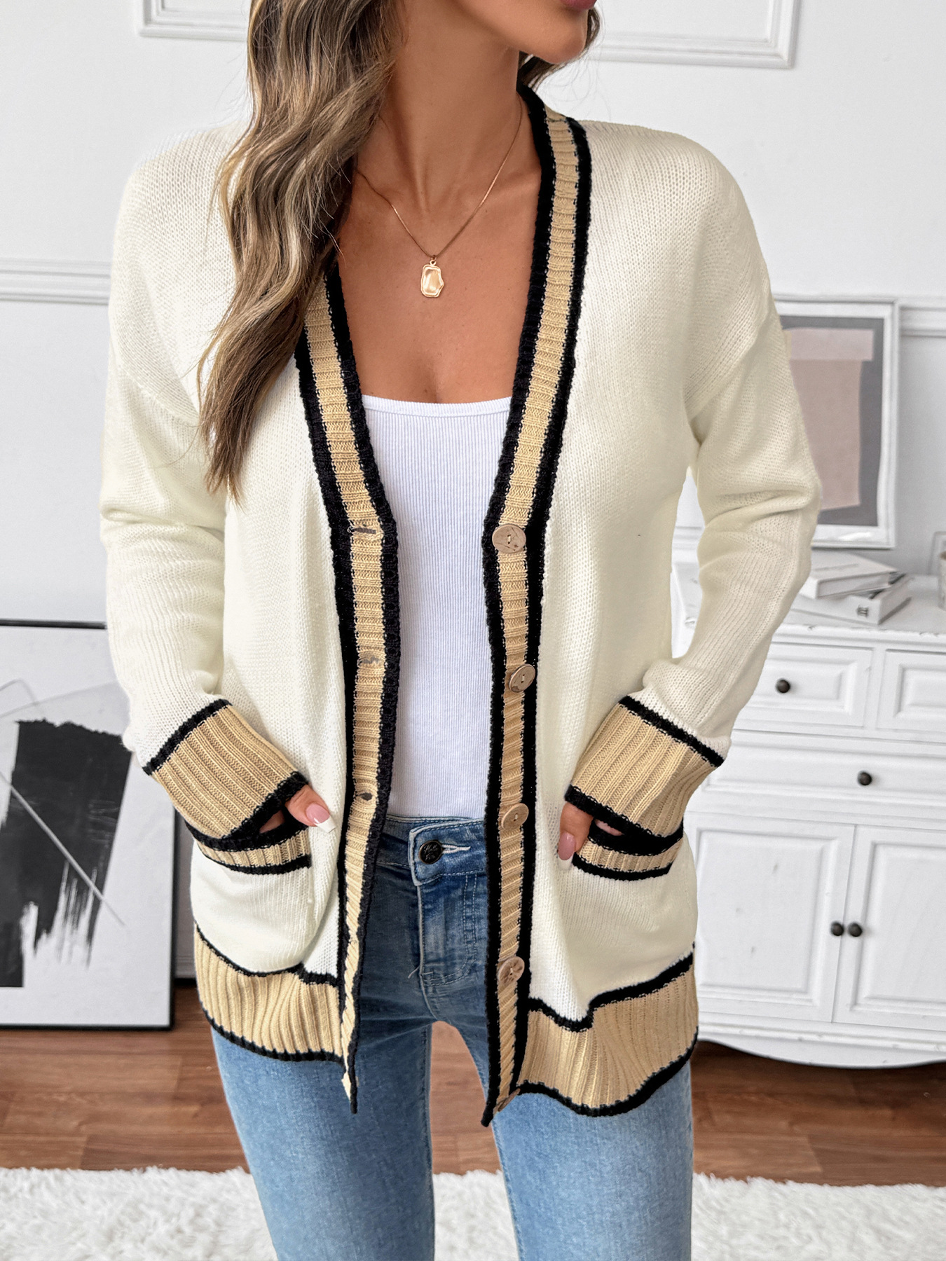 Contrast Trim Button Up Knit Cardigan