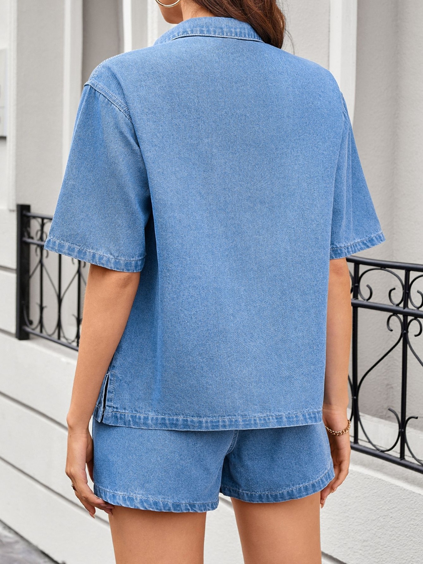 Casual Drop Shoulder Denim Shirt & Shorts Set