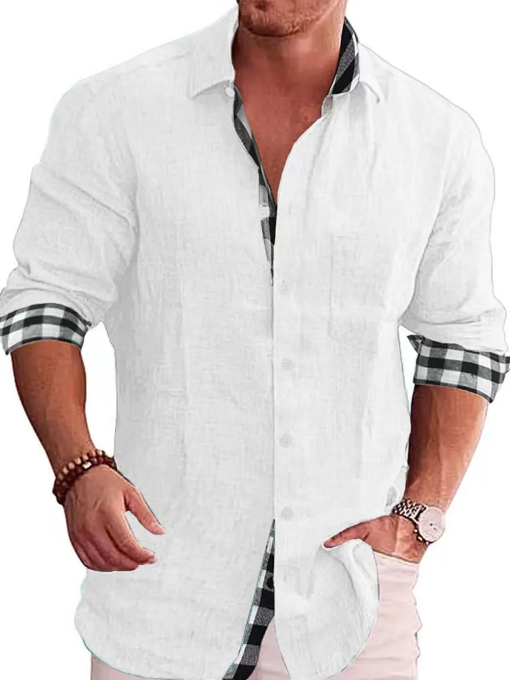 Men's Full Size Casual Linen Plaid-Trim Button Down Shirt Plus Size