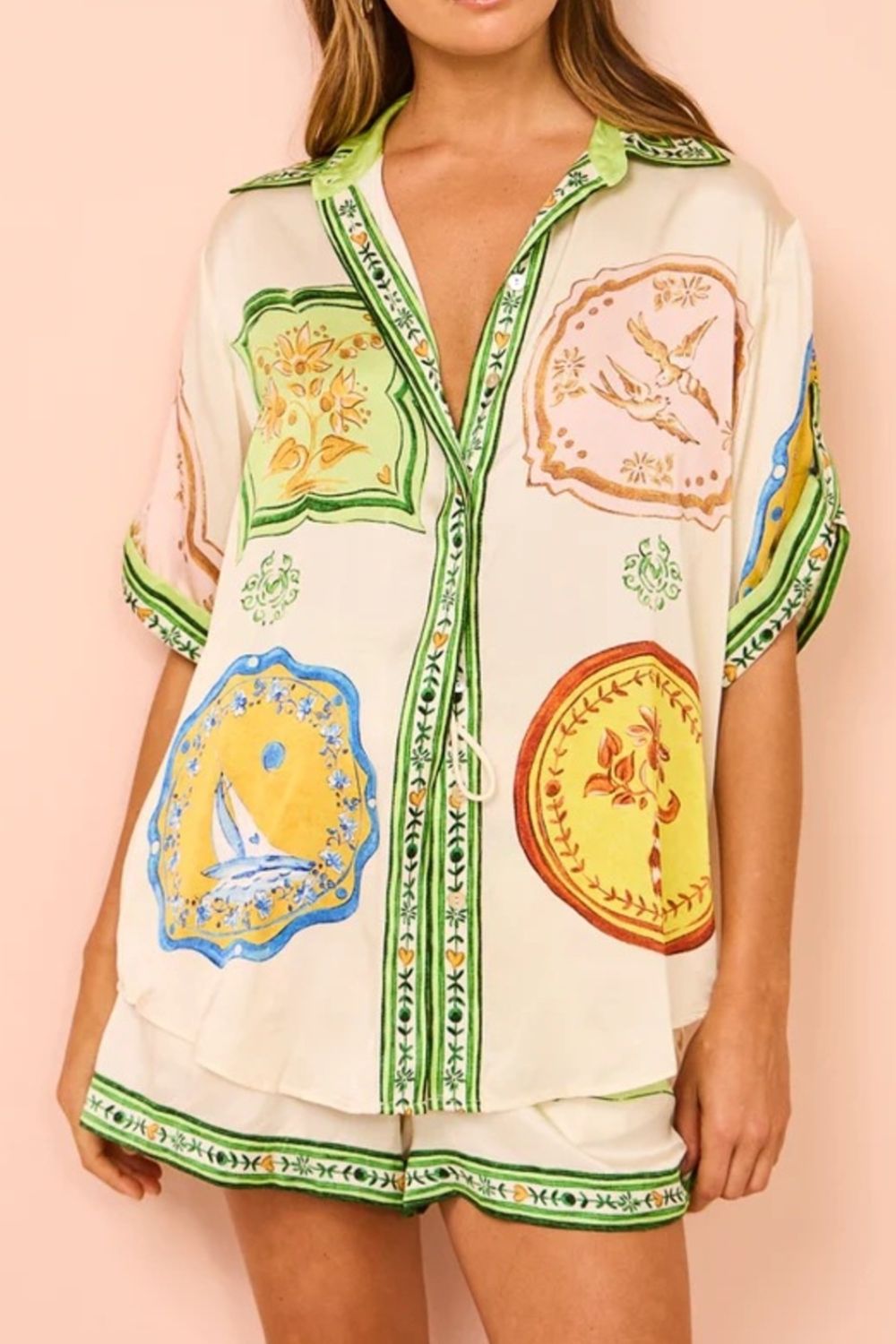 Printed Short Sleeve Button Down Top and Shorts Set