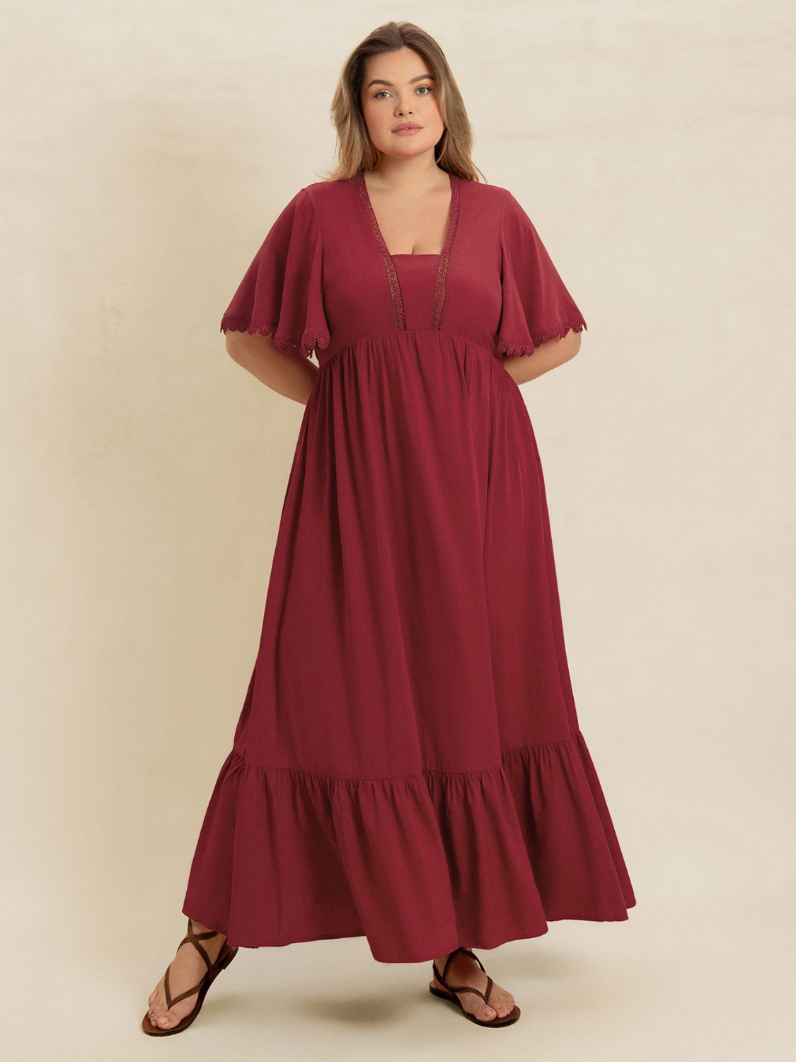 Plus Size Lace Detail Flutter Sleeve Maxi Dress