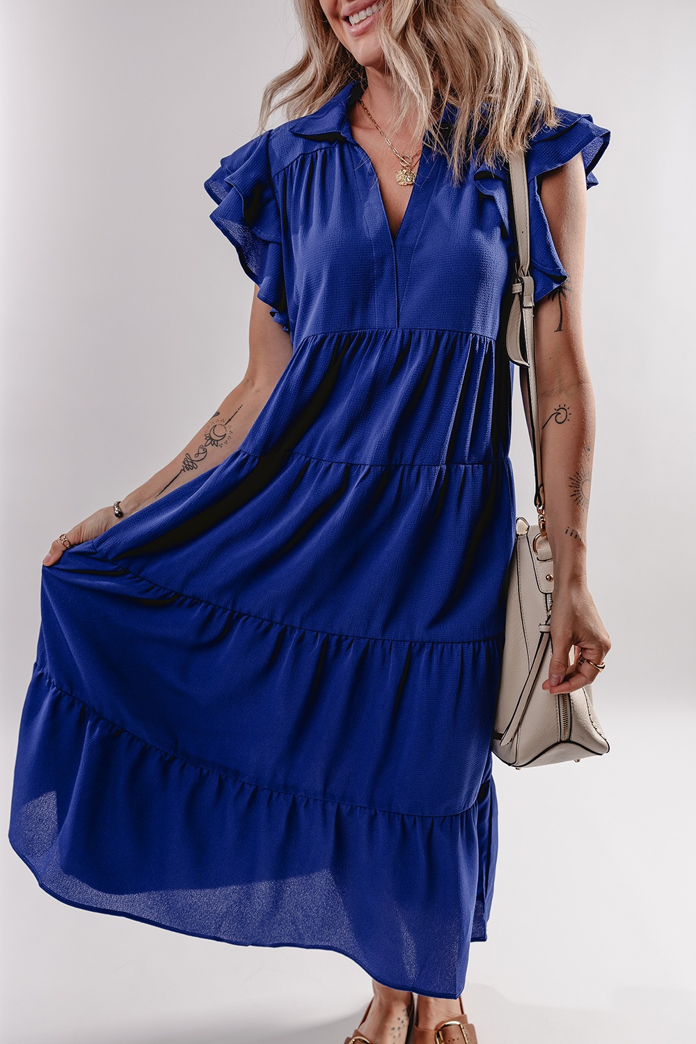 Ruffled Short Sleeve Collared V Neck Tiered Midi Dress