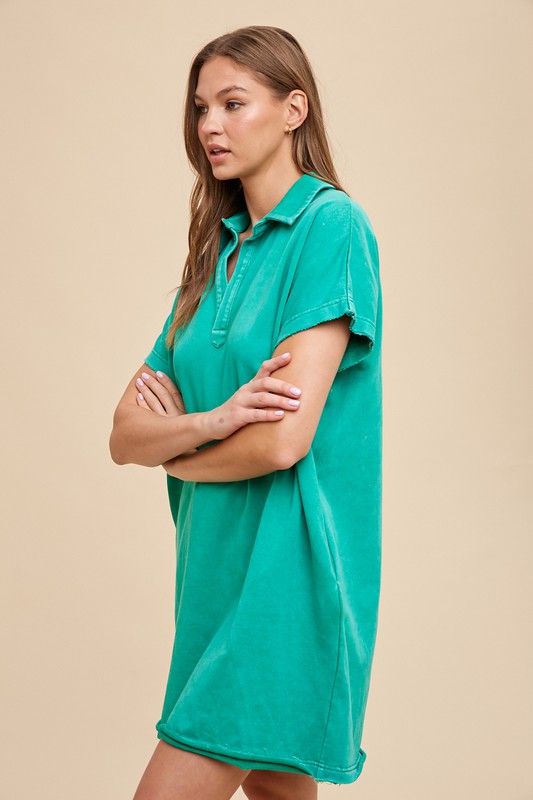 Mineral Washed Johnny Collar Short Sleeve Dress