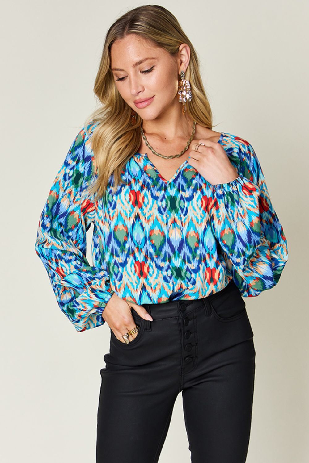 Double Take Full Size Printed Balloon Sleeve Blouse 1