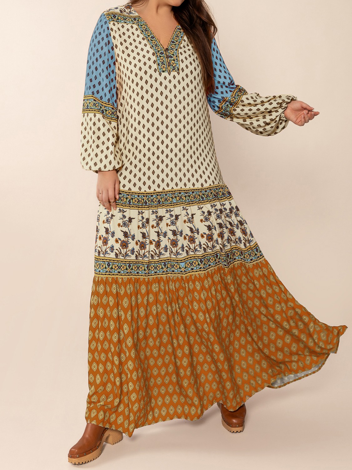 Bohemian Mixed Print Long Sleeve Maxi Dress