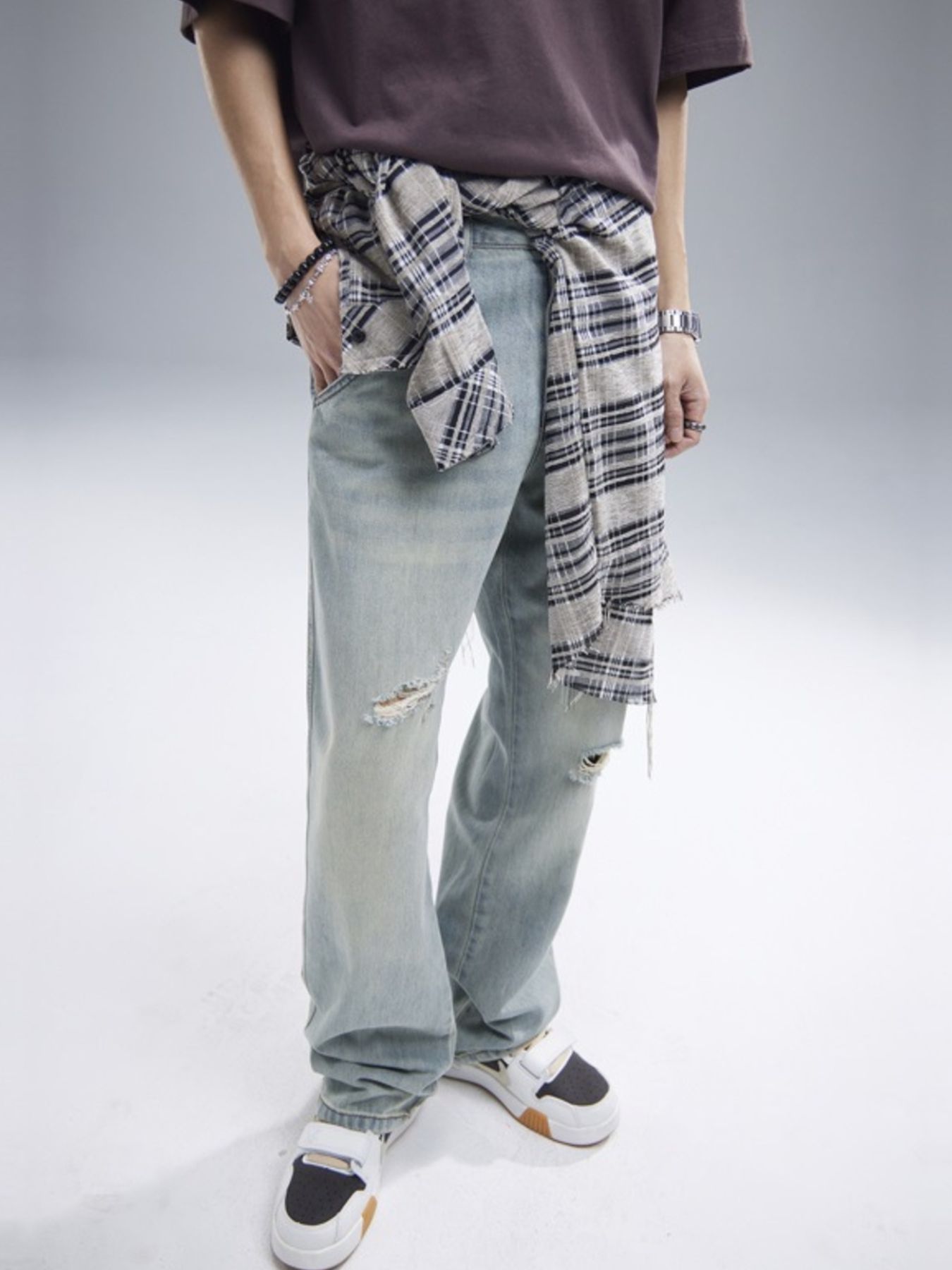 Men's Distressed Washed Wide Leg Jeans