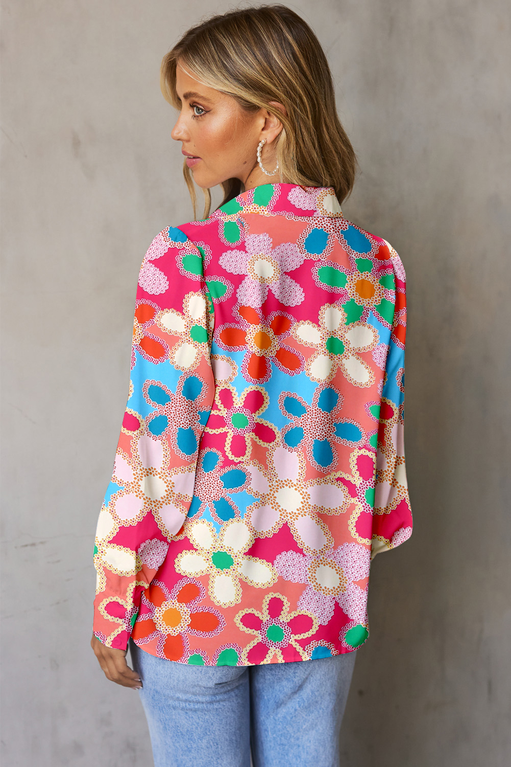 Vibrant Floral Print Lantern Sleeve Button-Down Shirt