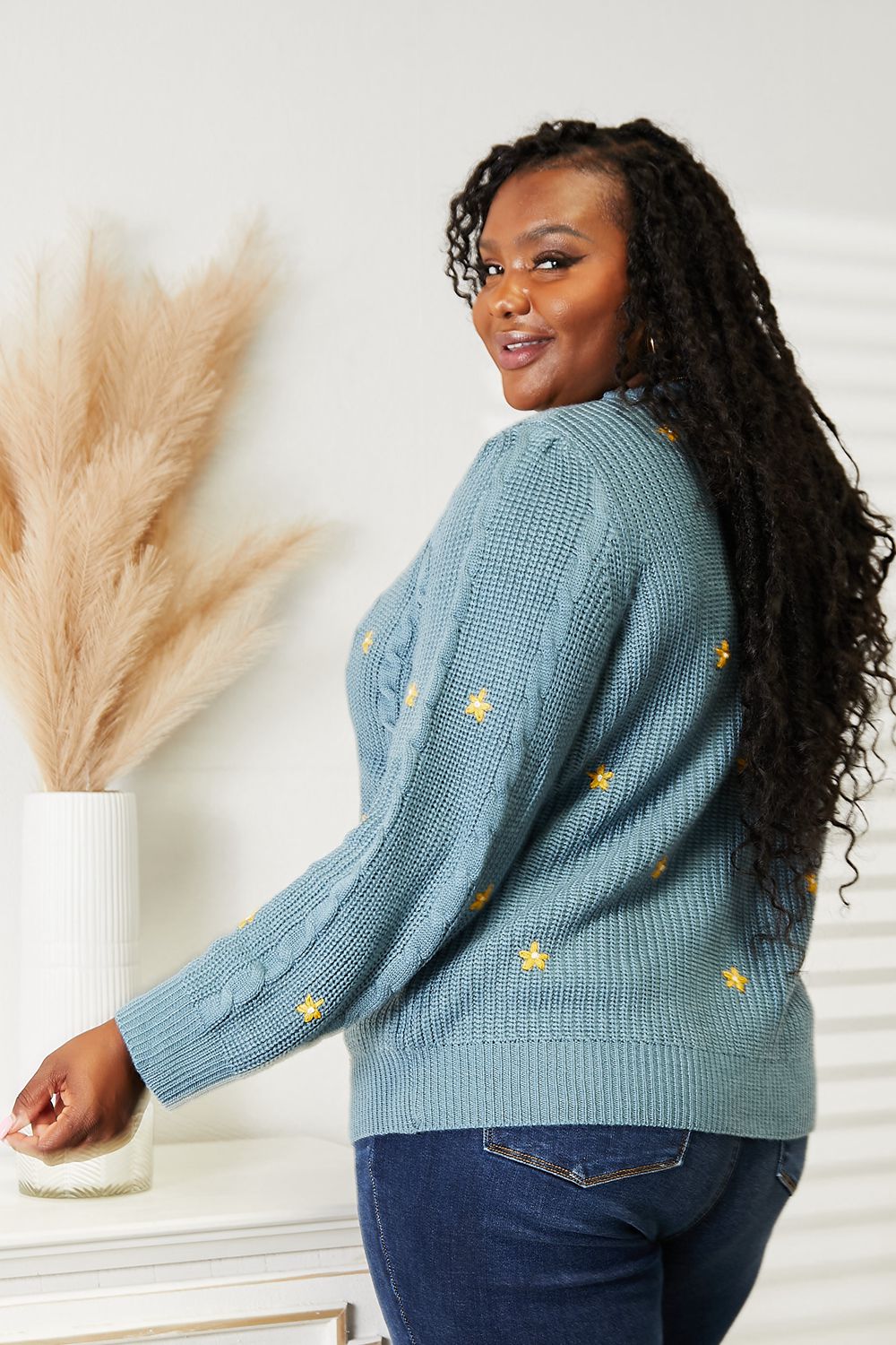 Full Size Floral Embroidered Cable Cardigan