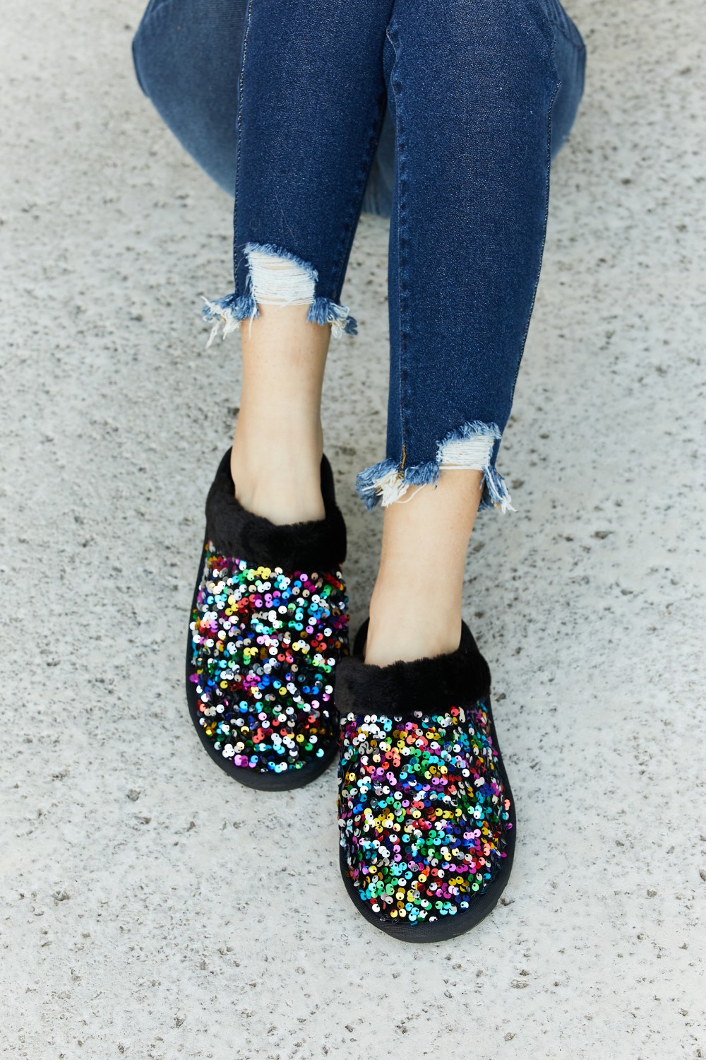 Multicolored Sequin Faux Fur Slipper