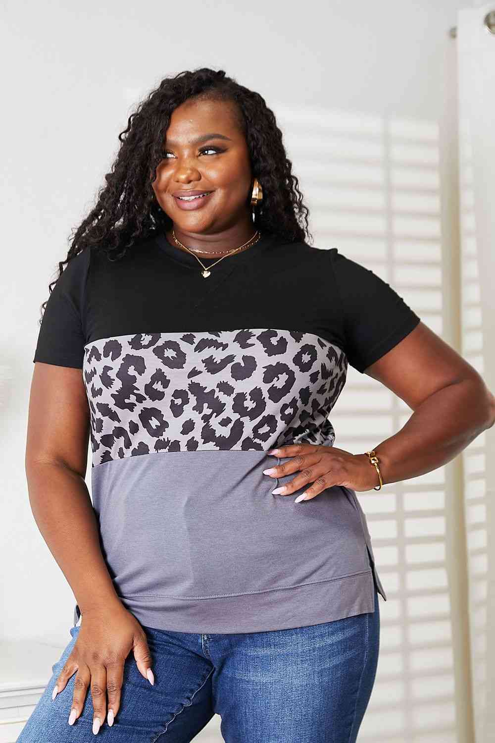 CARCOS Plus Size Leopard Print Colorblock Top - Short Sleeve Animal Print Shirt For Women XL-5XL - View #10
