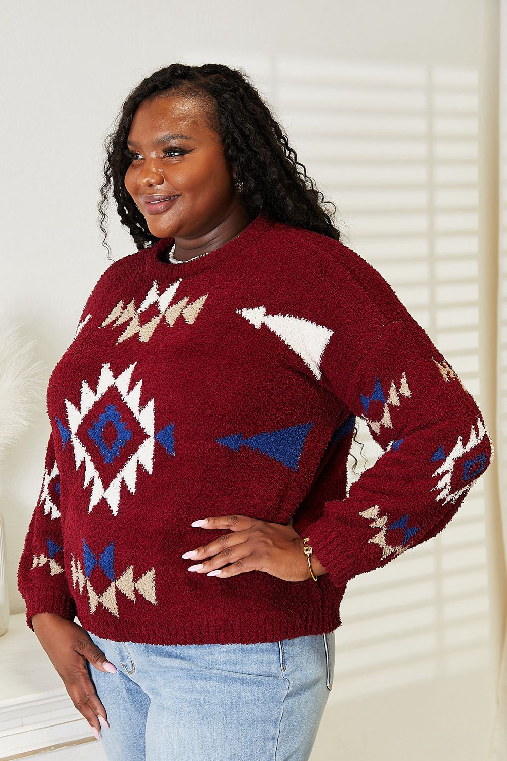 Full Size Aztec Soft Fuzzy Sweater