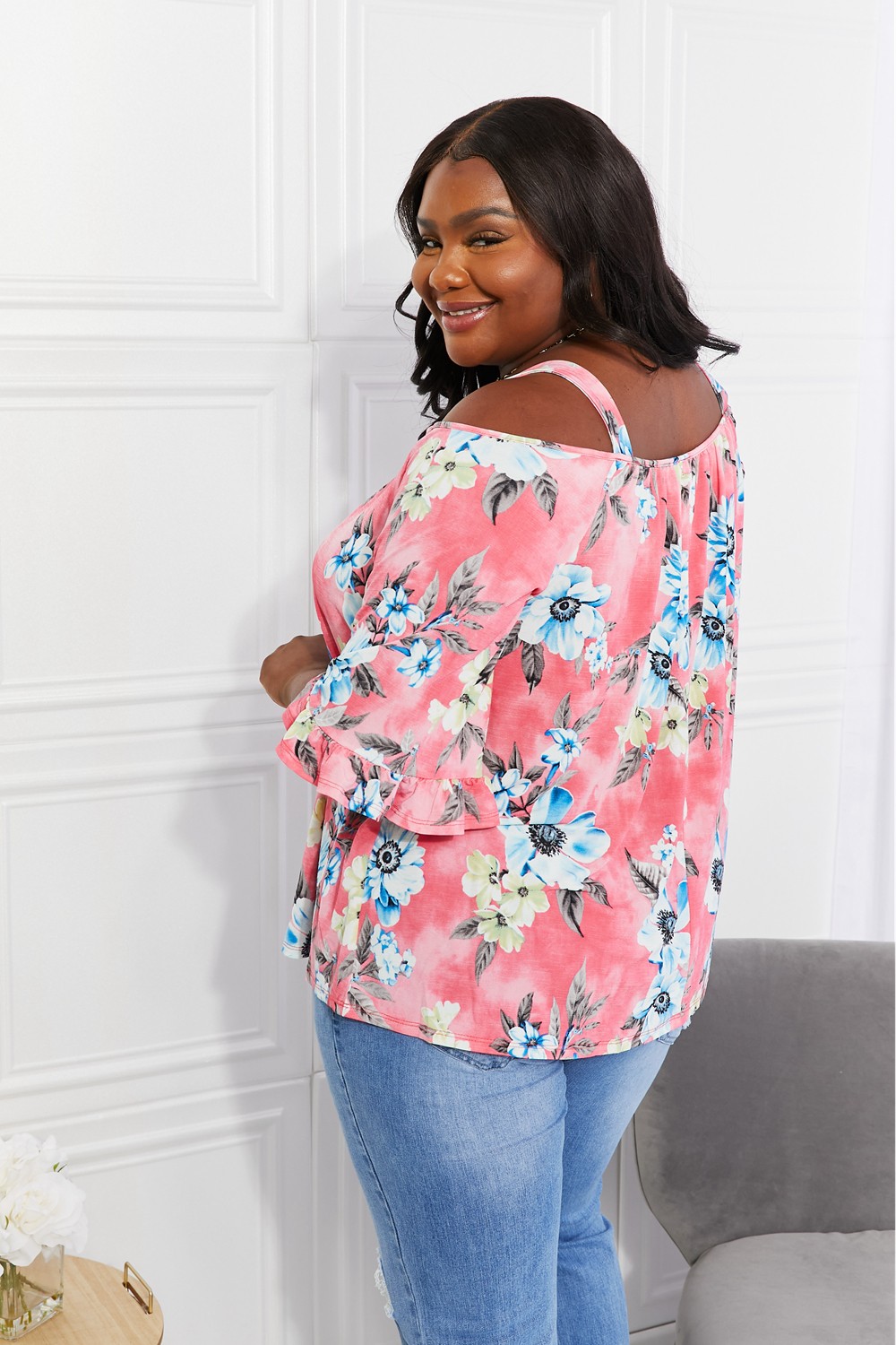 Full Size Fresh Take Floral Cold-Shoulder Top