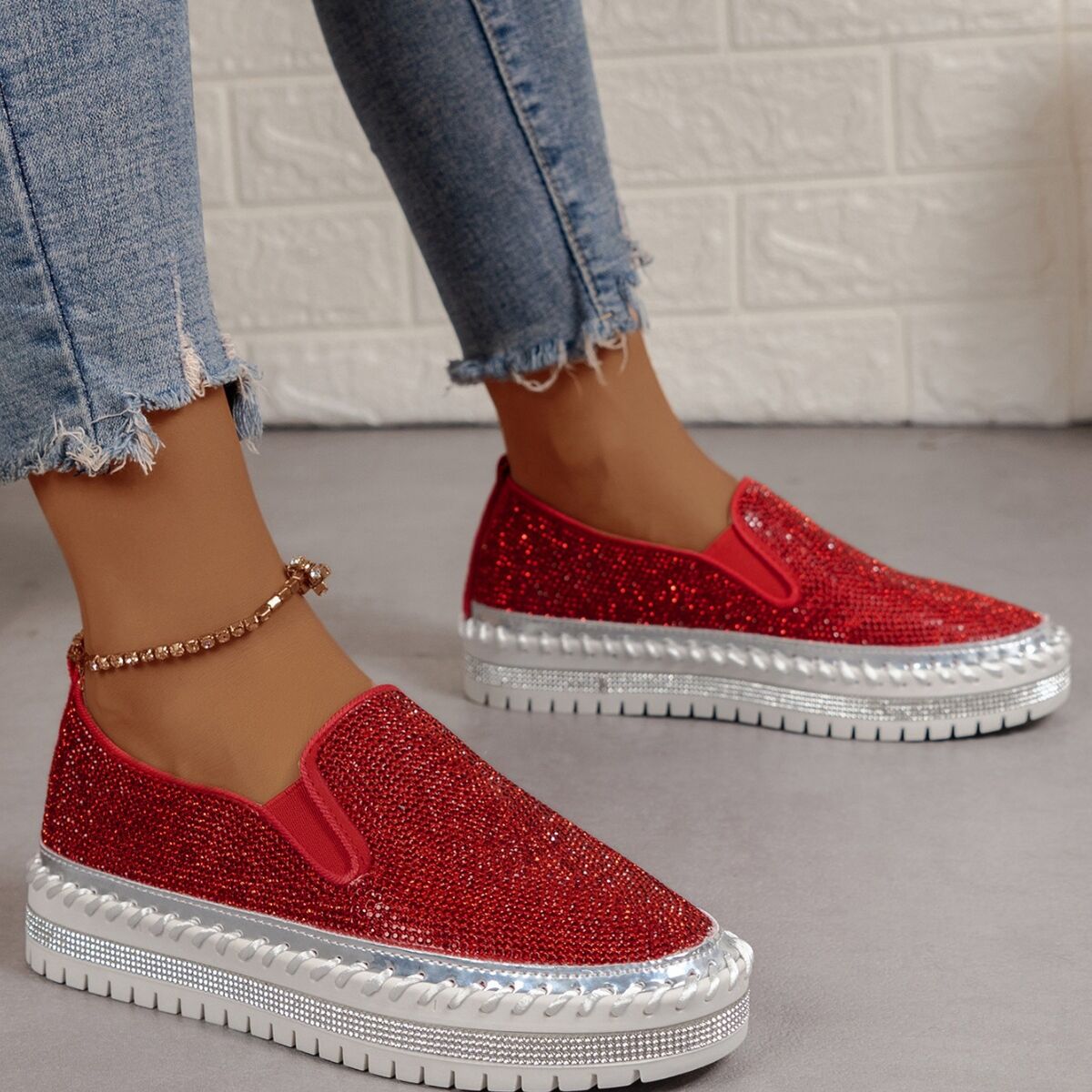 Rhinestone Round Toe Platform Loafers