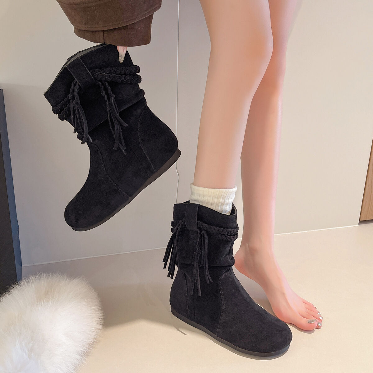 Suede Fringe Round Toe Boots