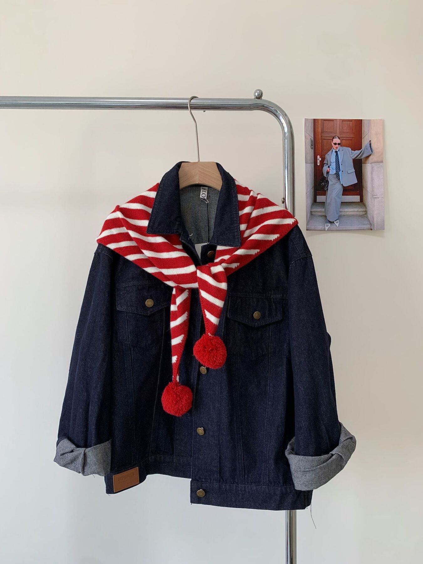 Striped Knitted Scarf with Pom-poms
