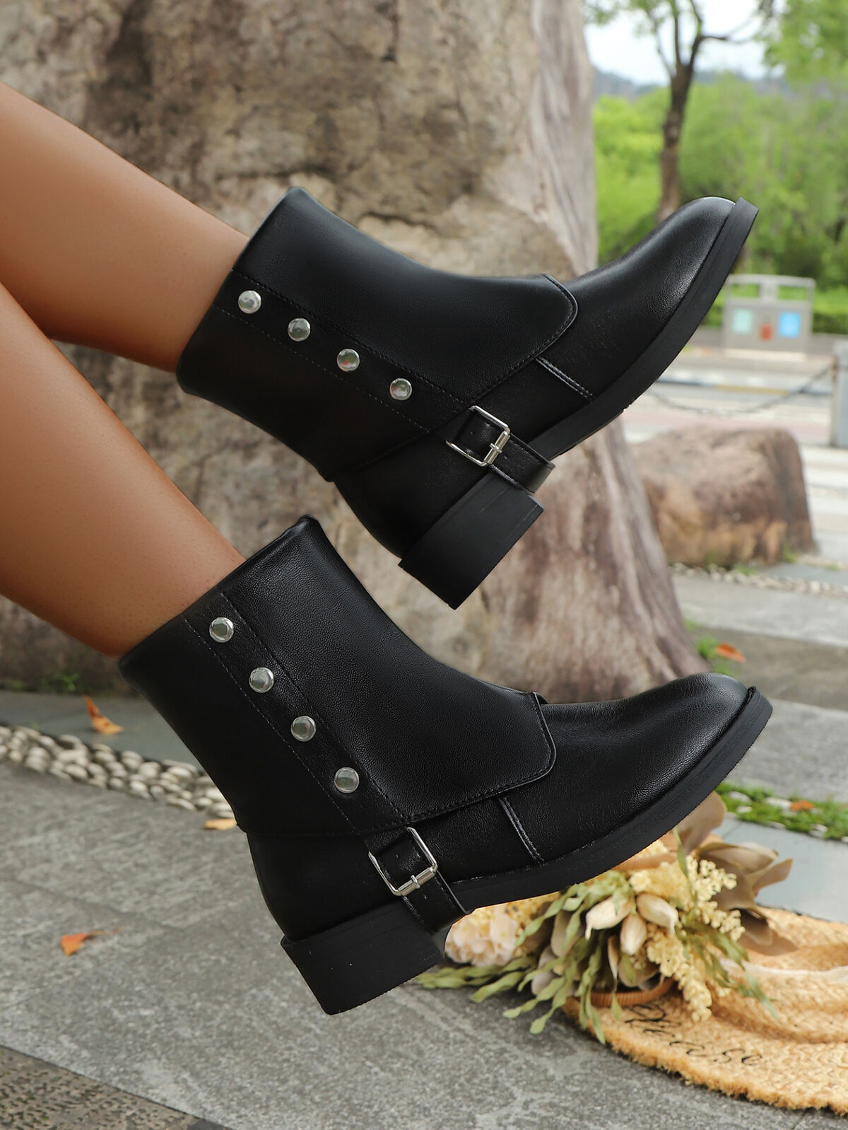 Buckle block heels boots with adjustable straps front view
