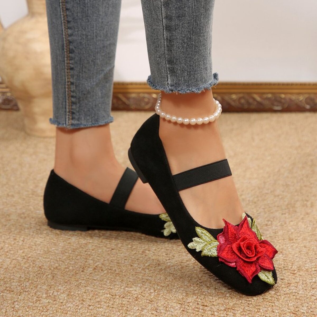 Flower Square Toe Slip-Ons