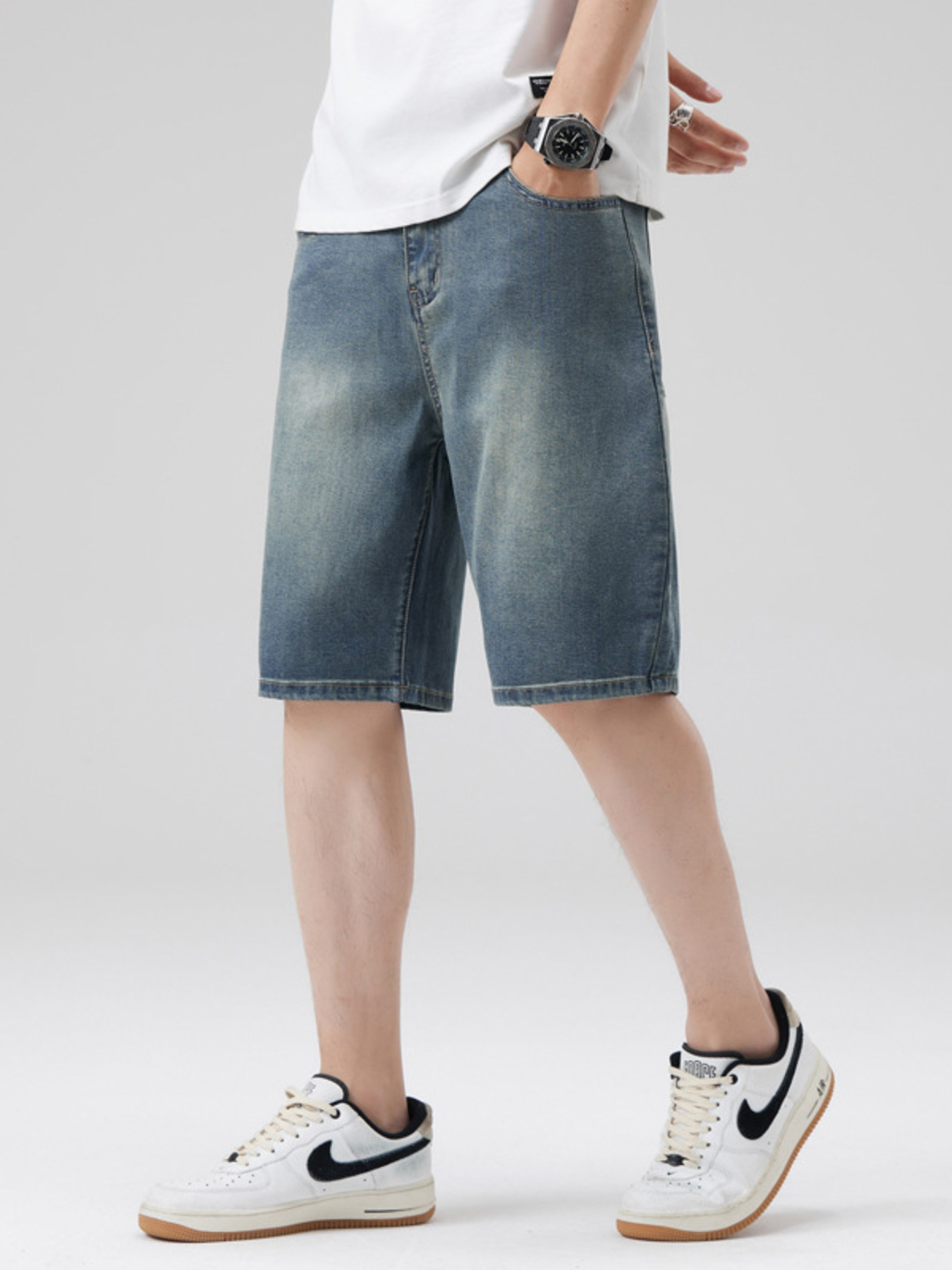 Men's Washed Denim Shorts with Pockets