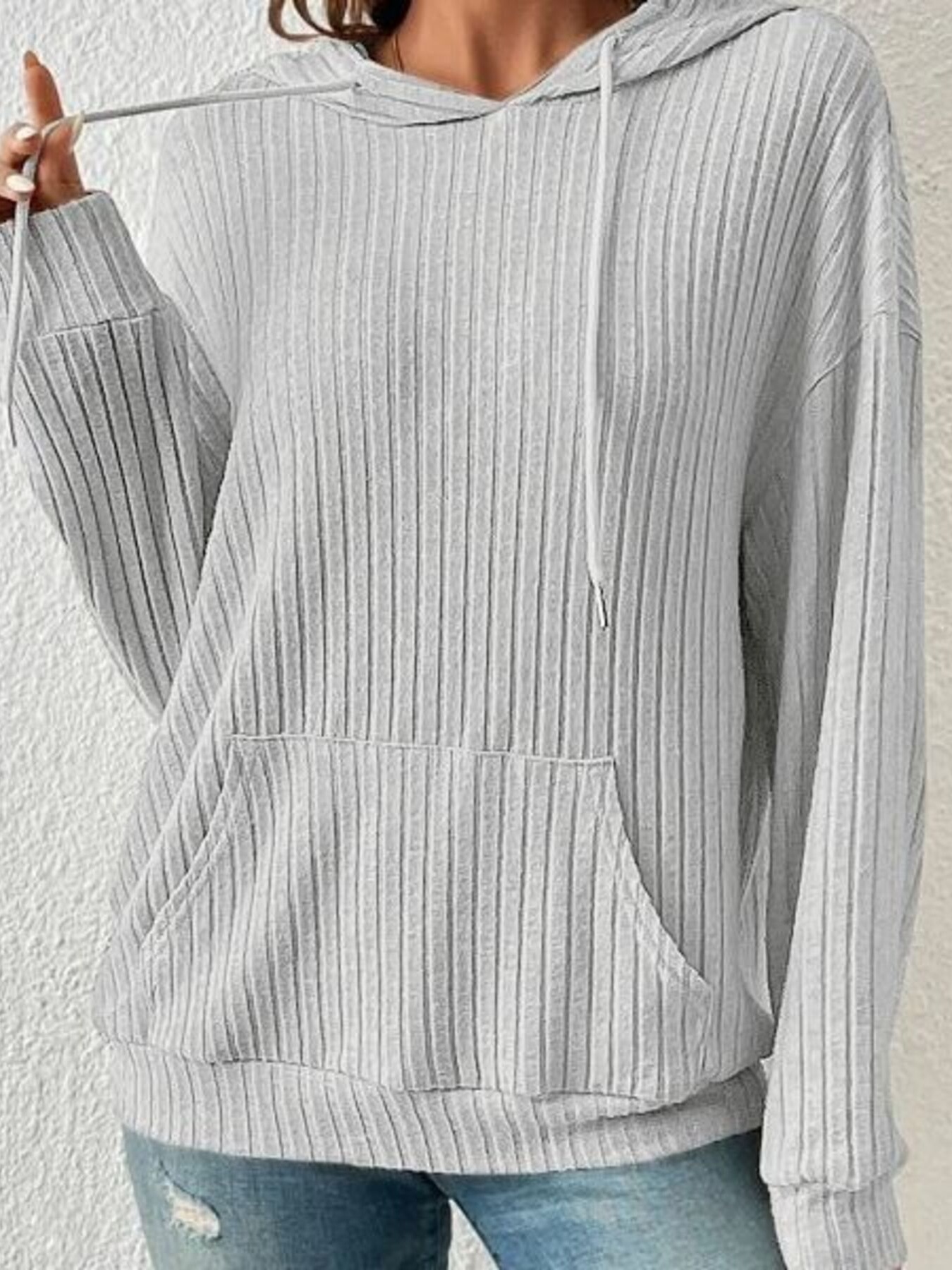 Ribbed Knit Long Sleeve Drawstring Hoodie