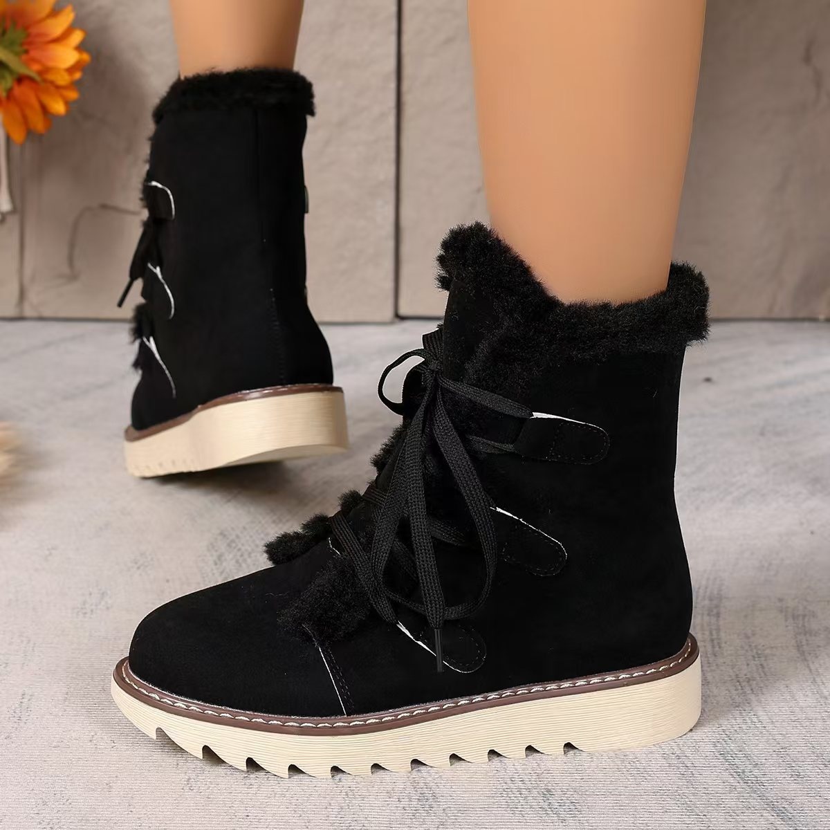Fuzzy Trim Lace-Up Boots