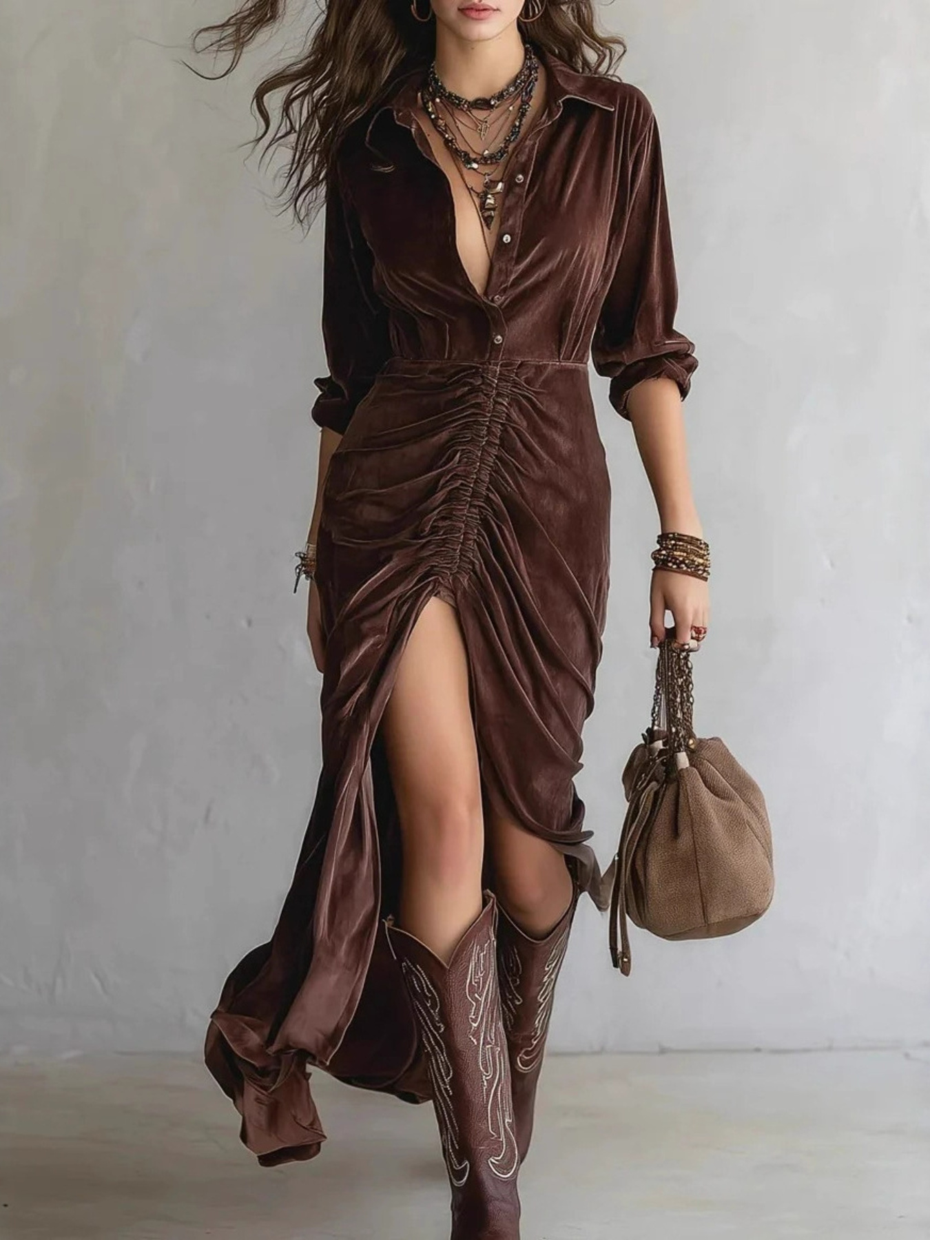 Velvet Ruched Slit Long Sleeve Dress