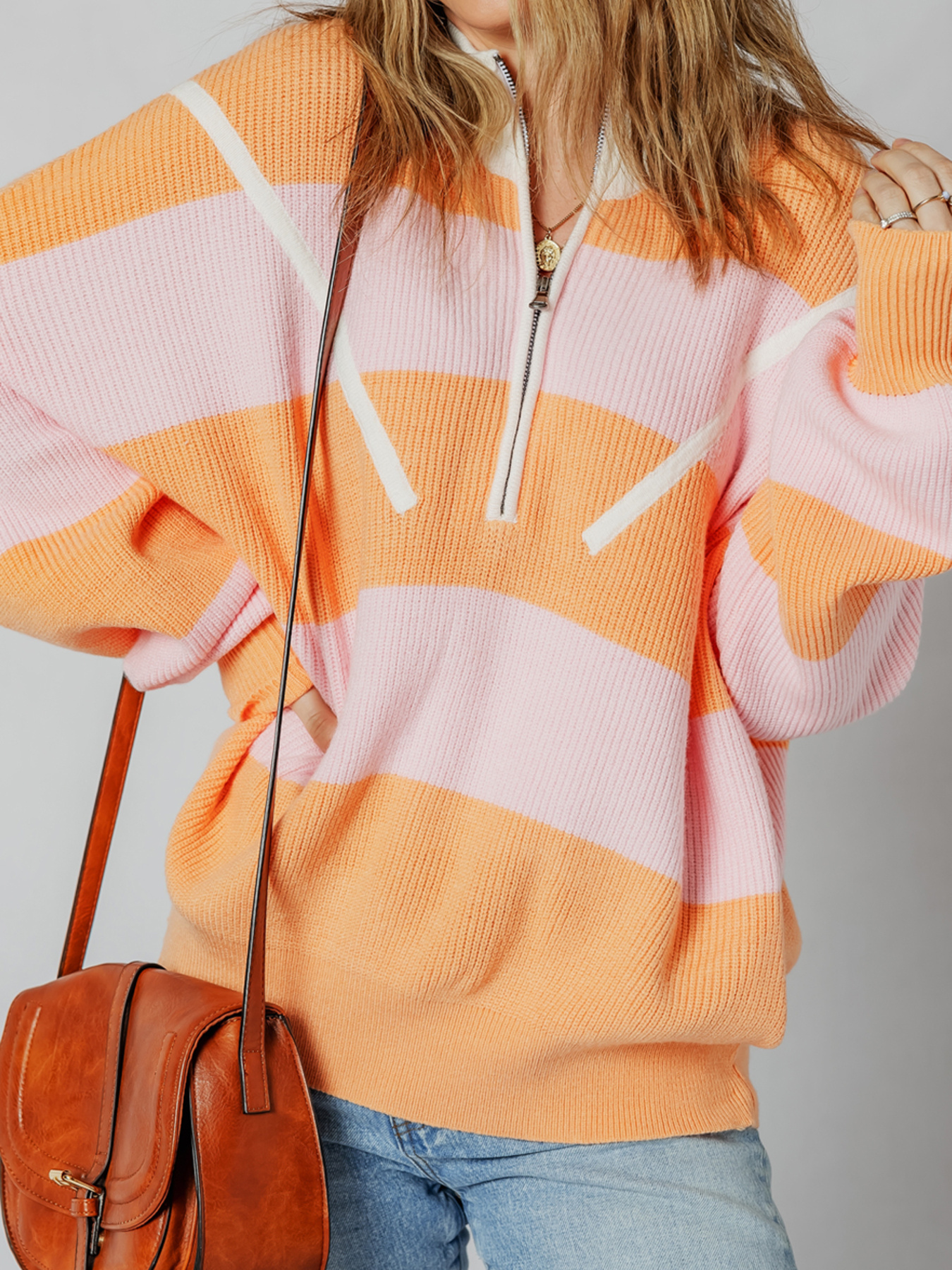 Stripe Color Block Half Zip Oversize Sweater