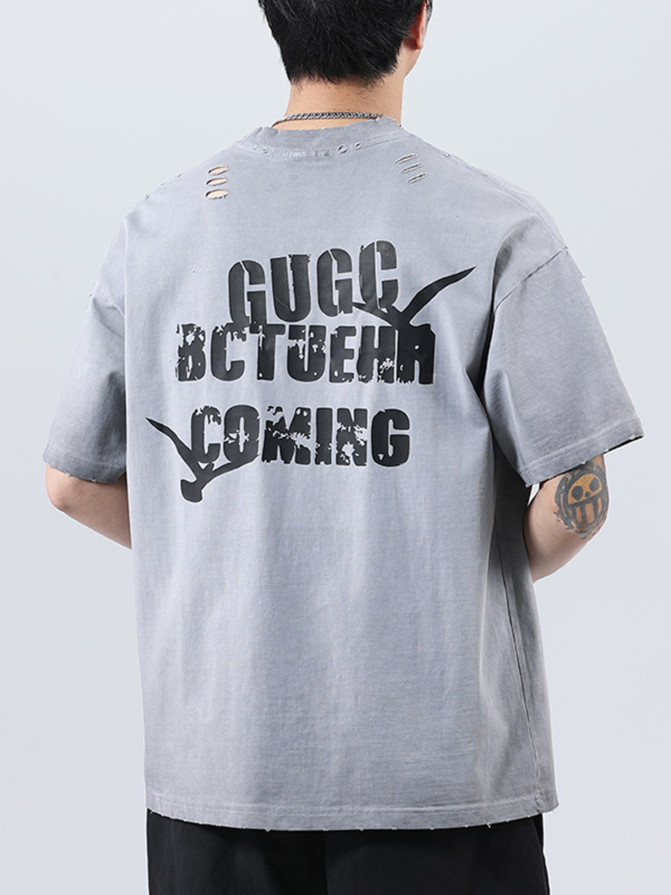 Men's Plus Size Distressed Round Neck Short Sleeve T-Shirt