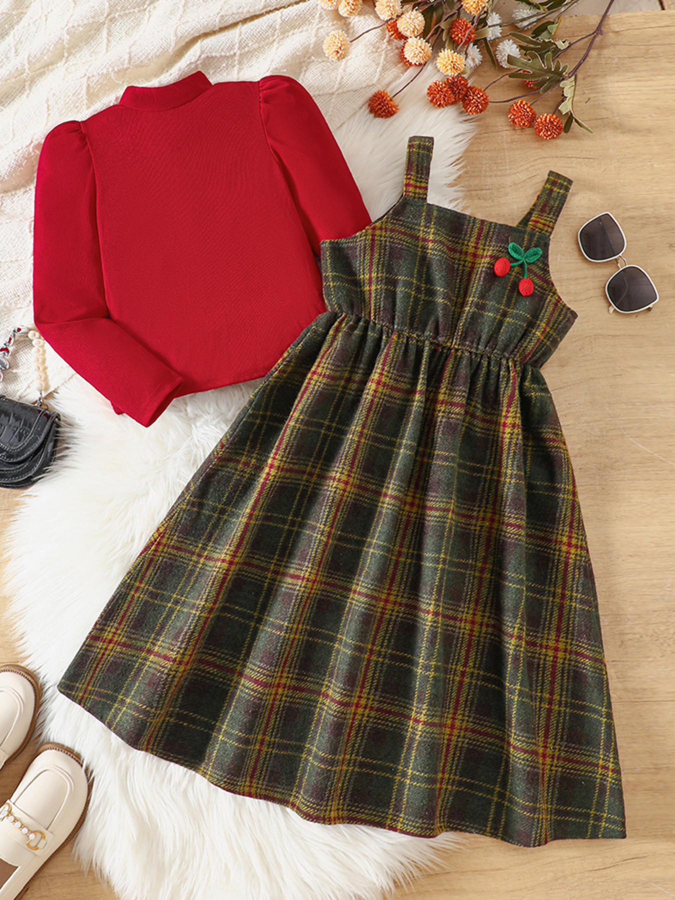 Children's Long Sleeve Top and Plaid Dress Set