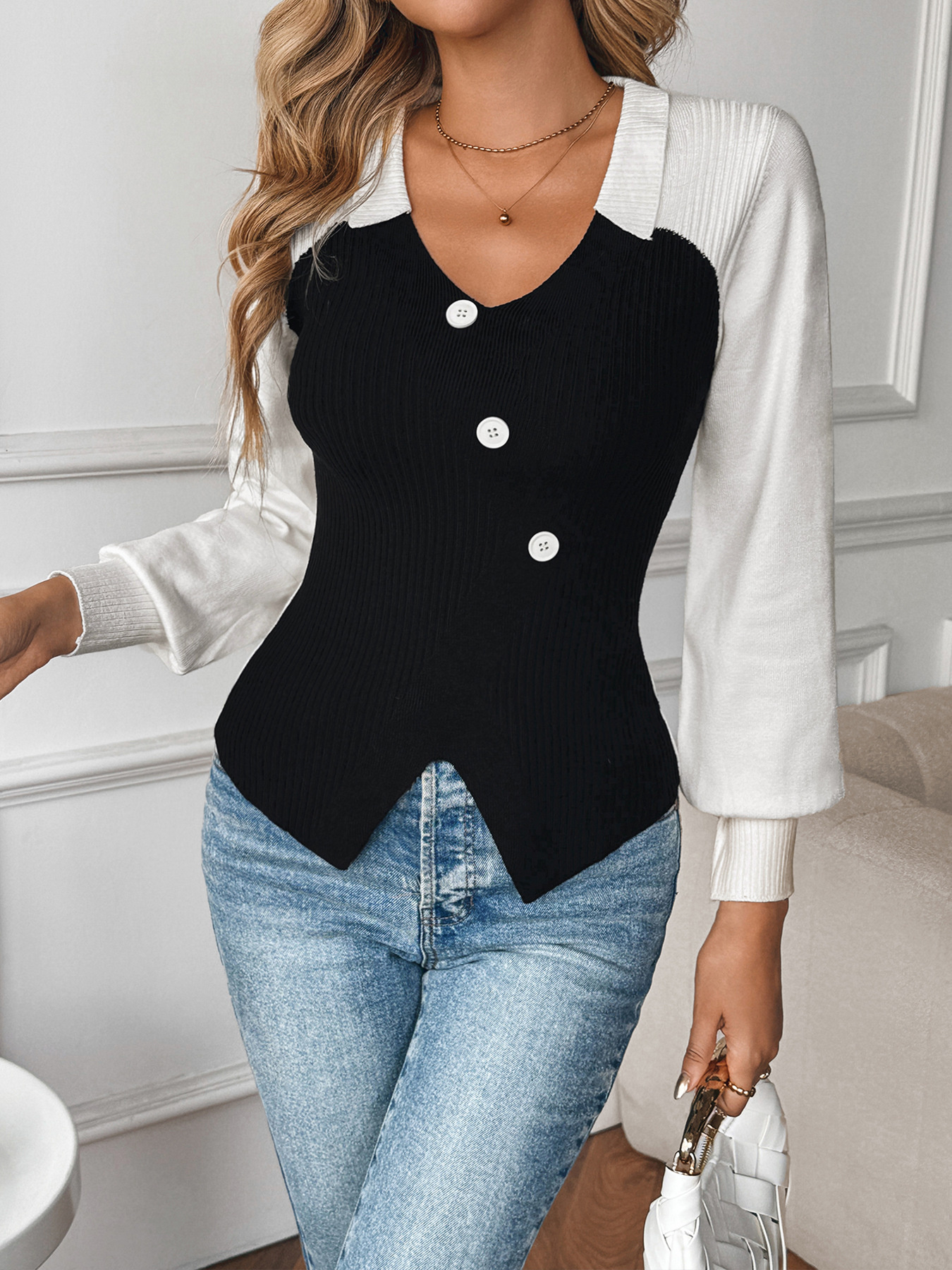 Color Block V-Neck Sweater