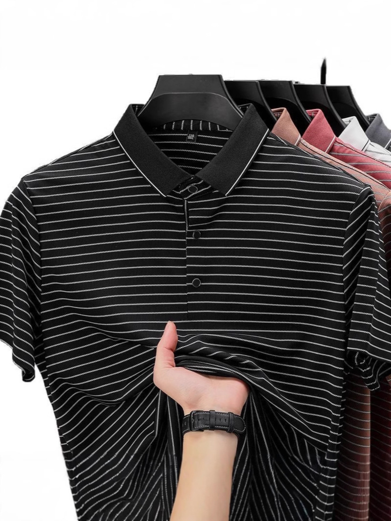 Men's Full Size Striped Button Detail Short Sleeve Polo Plus Size