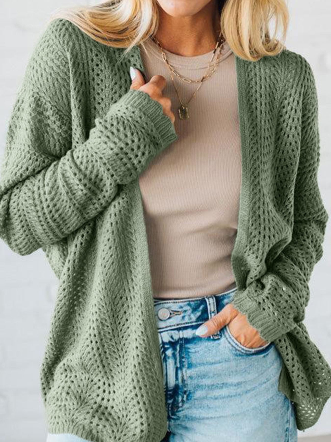 Scalloped Edge Eyelet Knit Batwing Sleeve Cardigan