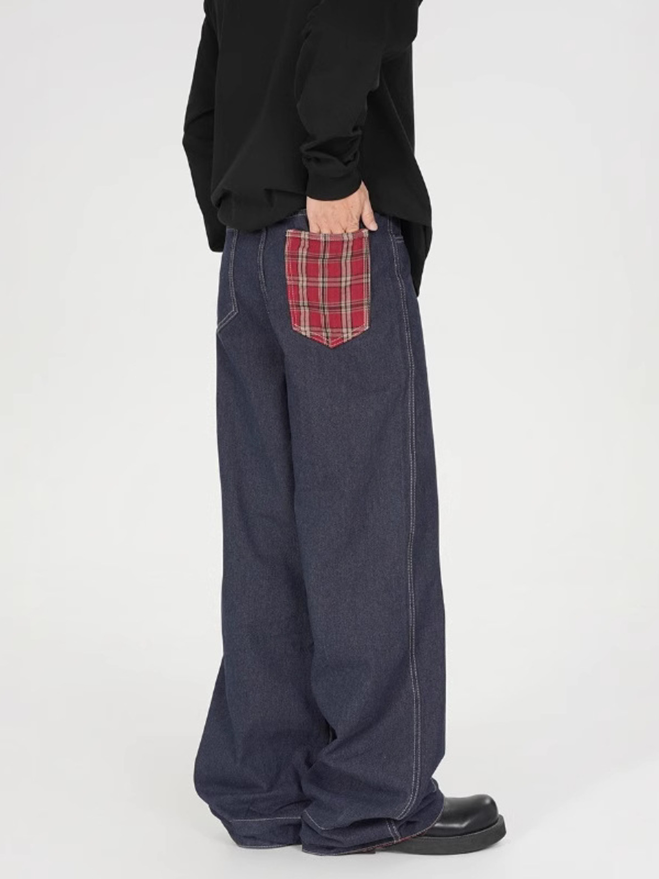 Men's Plaid Pocket Wide Leg Jeans