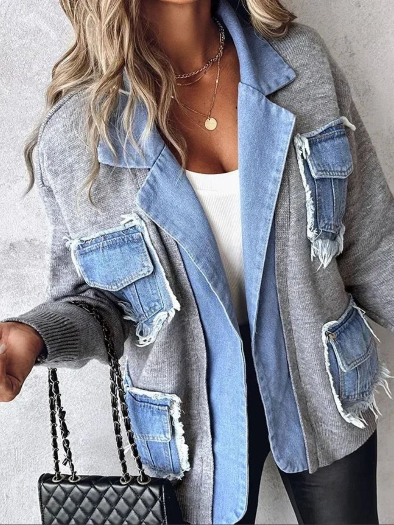 Raw Hem Denim Pocket Patchwork Cardigan