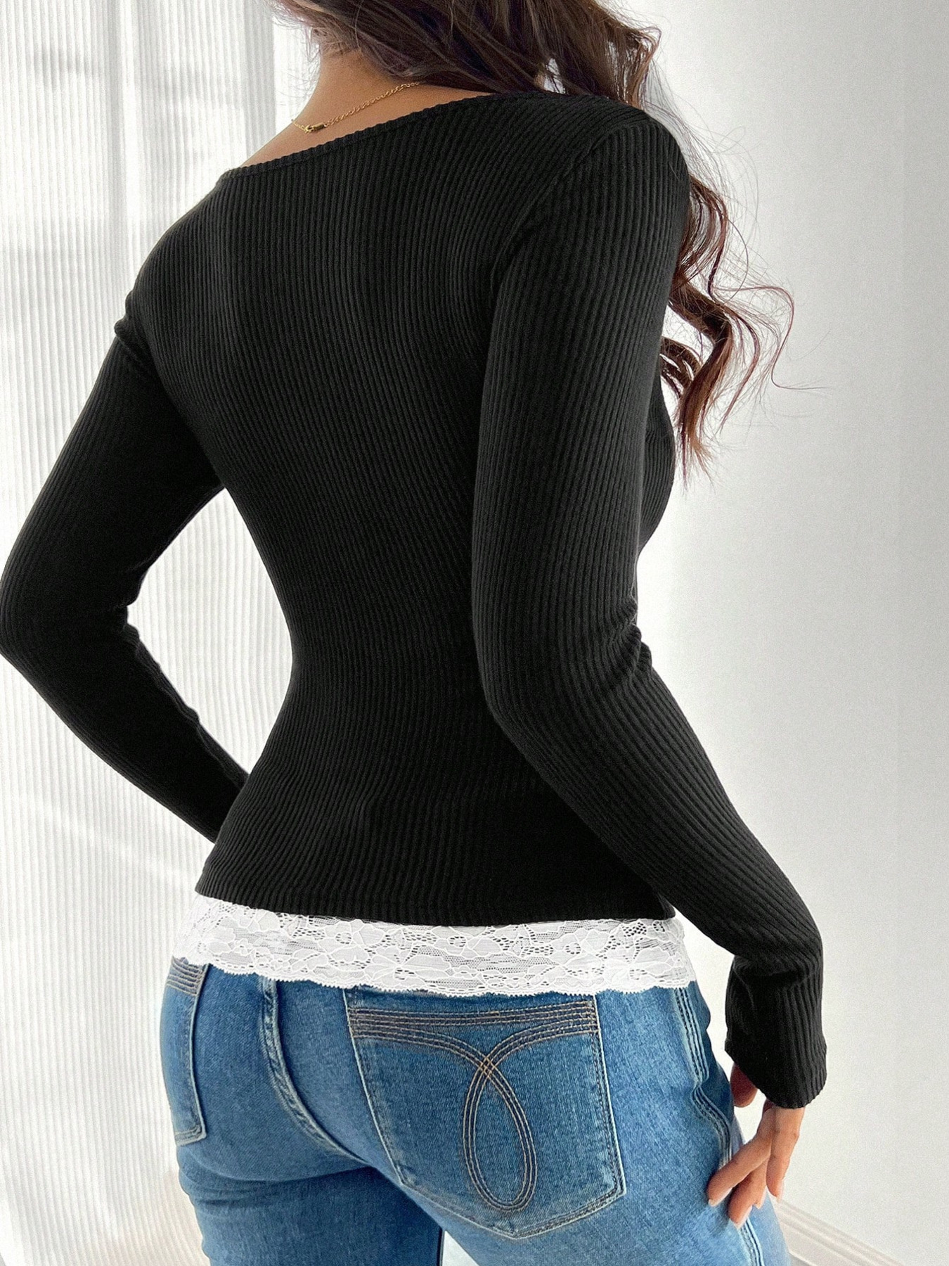 Lace Detail Long Sleeve Ribbed Top