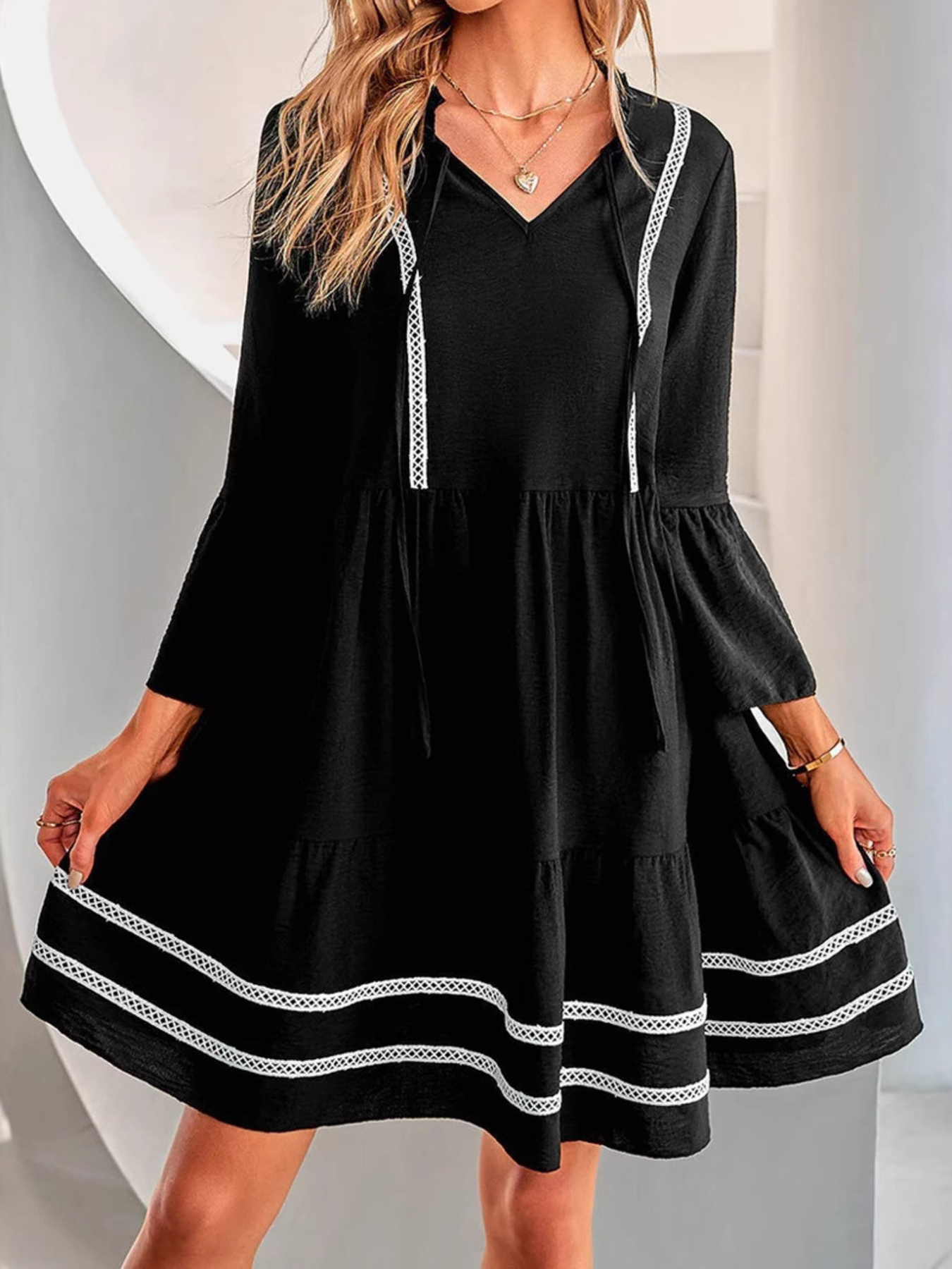Tie-Neck Long Sleeve Mini Dress with Trim Detail
