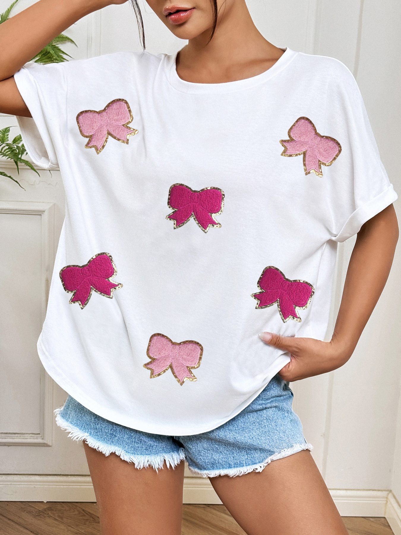 Bow Round Neck Casual T-Shirt