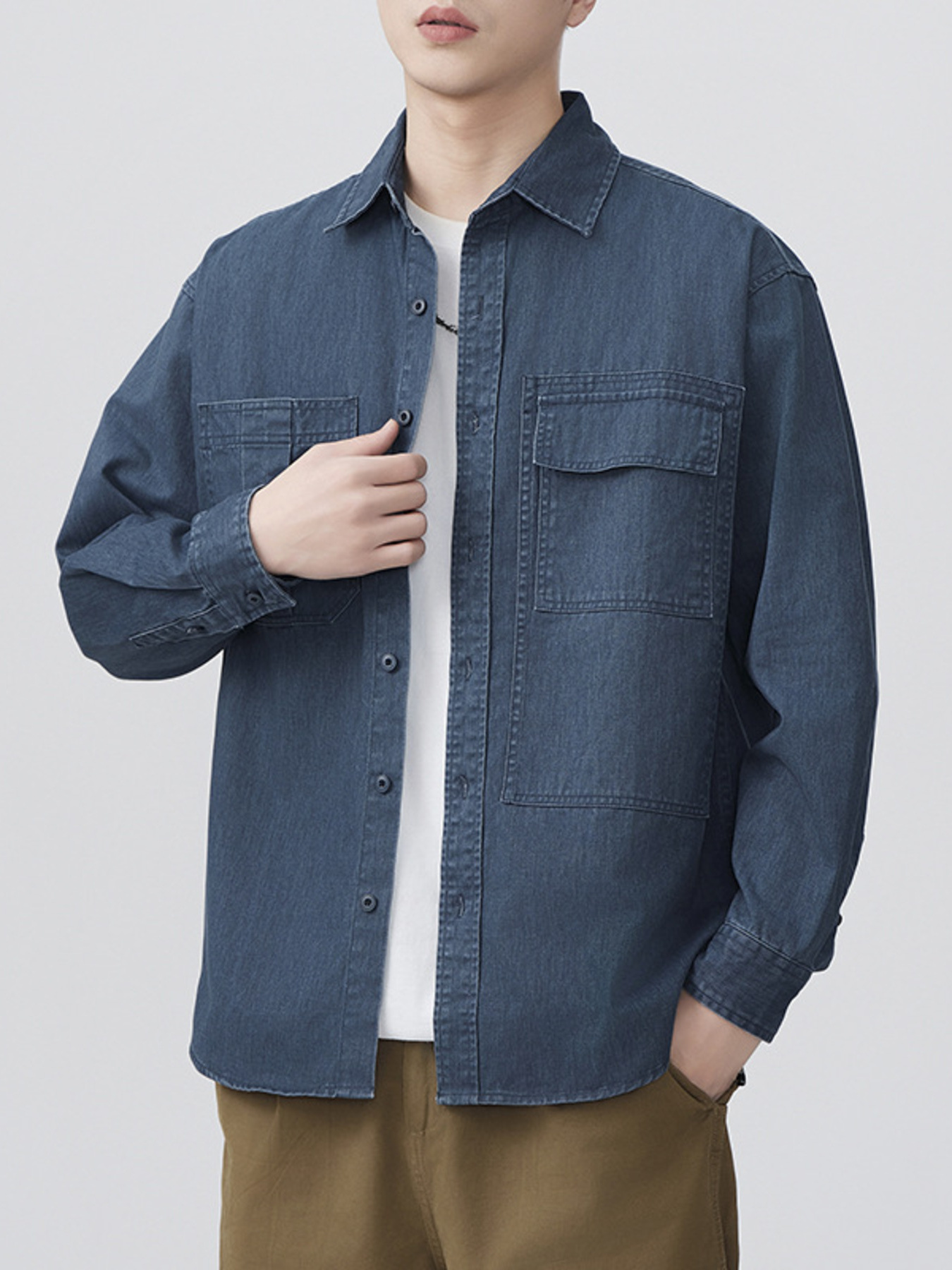 Men's Plus Size Button Up Long Sleeve Denim Shirt