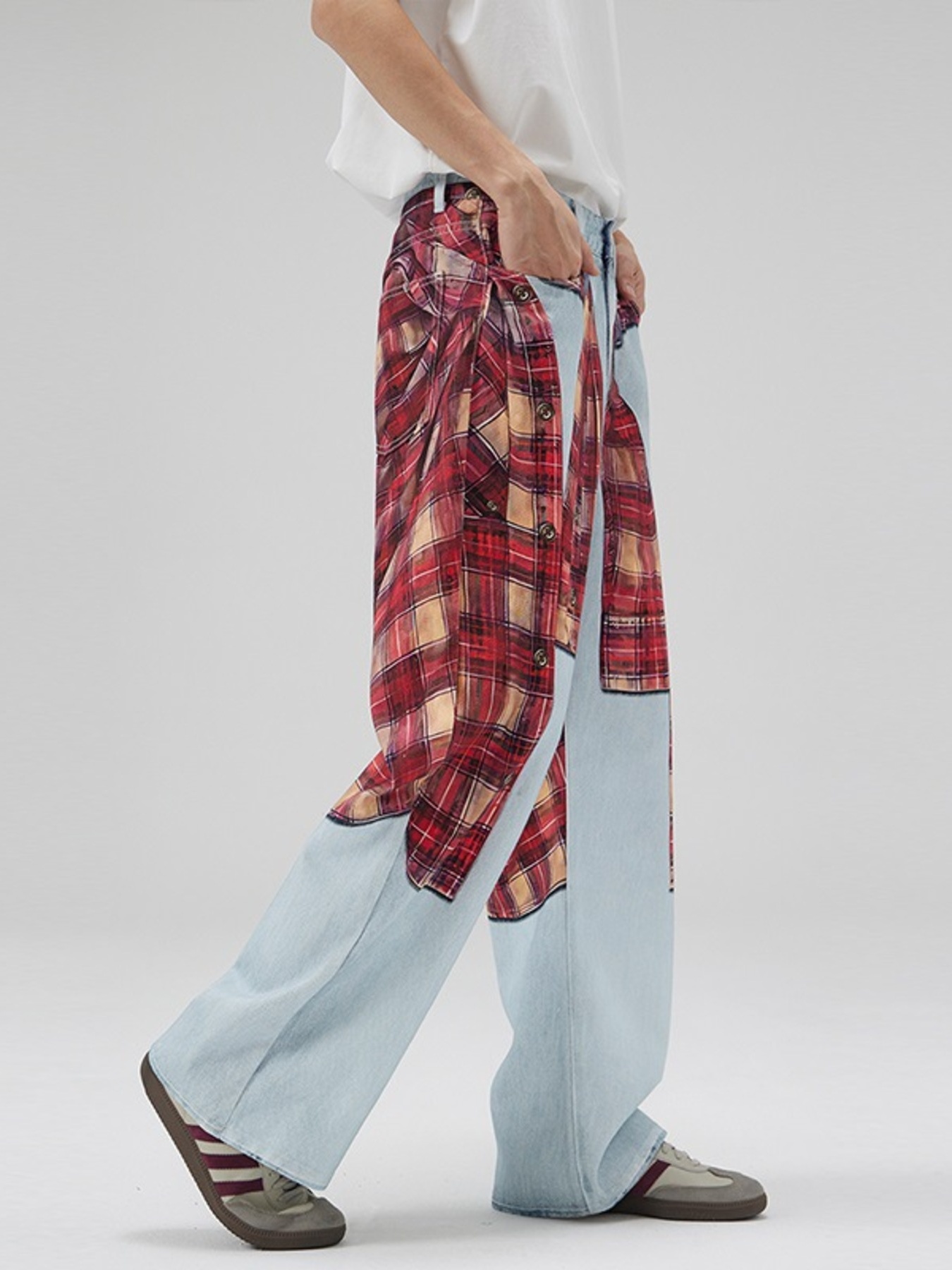 Men's Plaid Wide Leg Jeans