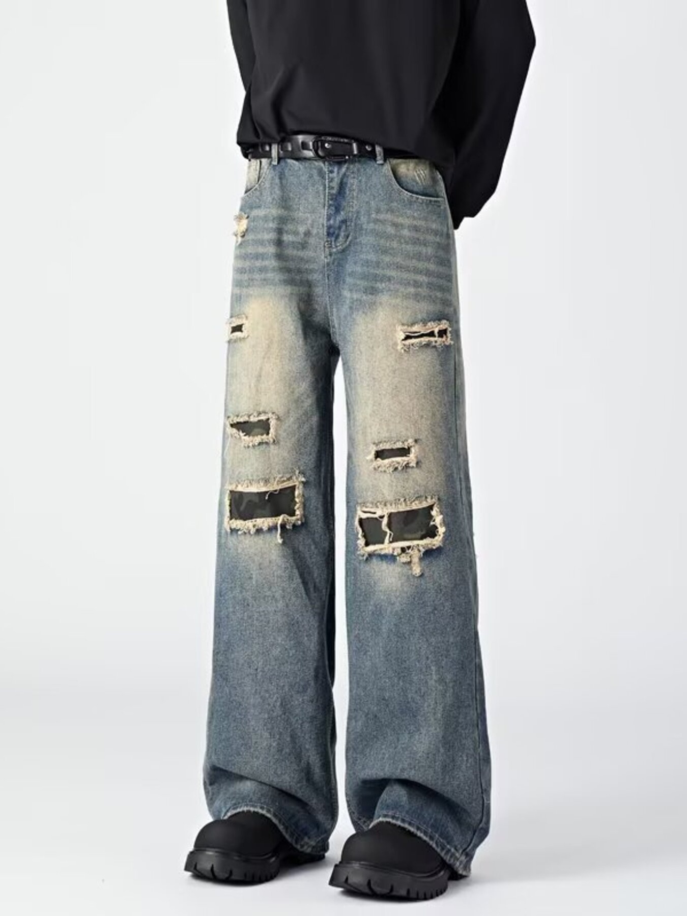 Men's Ripped Wide Leg Jeans